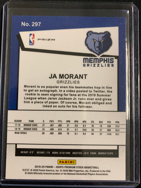 2019-20 PANINI NBA HOOPS PREMIUM STOCK BASKETBALL #297 MEMPHIS GRIZZLIES - JA MORANT TRIBUTE LASER PRIZM PARALLEL ROOKIE CARD