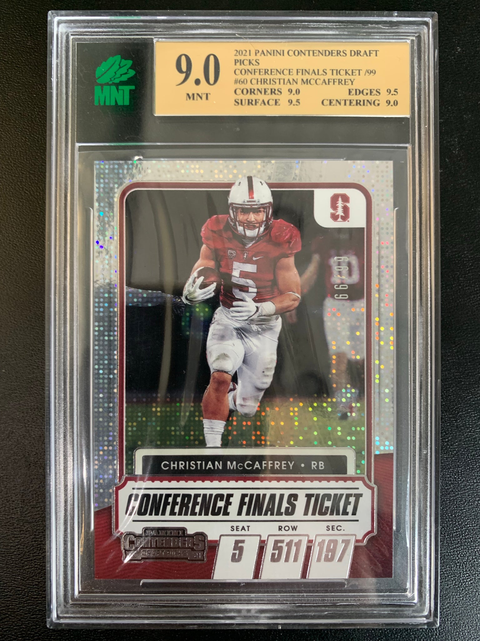 2021 PANINI CONTENDERS DRAFT PICKS FOOTBALL #60 CAROLINA PANTHERS - CHRISTIAN MCCAFFREY CONFERENCE FINALS TICKET PRIZM NUMBERED 66/99 GRADED MNT 9.0 MINT