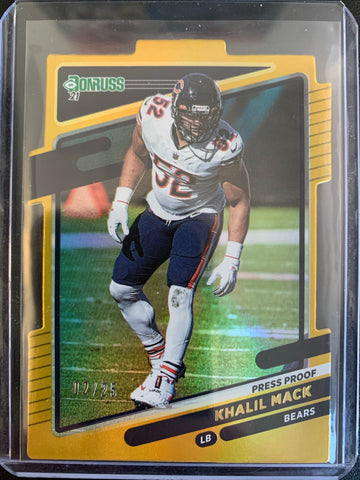 2021 PANINI DONRUSS NFL FOOTBALL #203 CHICAGO BEARS - KHALIL MACK GOLD DIE CUT PRESS PROOF NUMBERED 02/25