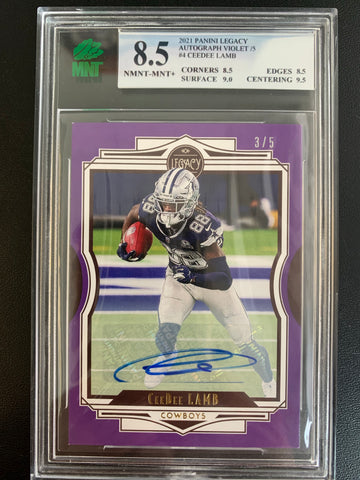 2021 PANINI LEGACY FOOTBALL #4 DALLAS COWBOYS - CEE DEE LAMB PURPLE PARALLEL AUTO NUMBERED 3/5 GRADED MNT 8.5 NMNT-MINT+