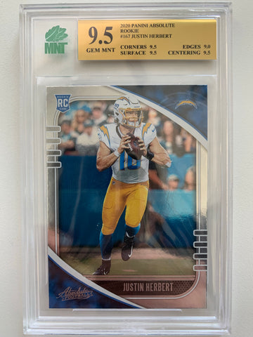 2020 PANINI ABSOLUTE FOOTBALL #167 LOS ANGELES CHARGERS - JUSTIN HERBERT ROOKIE CARD GRADED MNT 9.5 GEM MINT