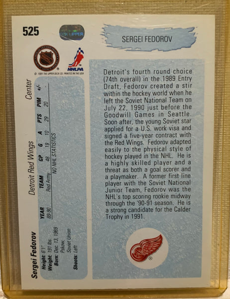1990-91 UPPER DECK HOCKEY SERIES TWO #525 DETROIT RED WINGS - SERGEI FEDEROV YOUNG GUNS ROOKIE CARD RAW