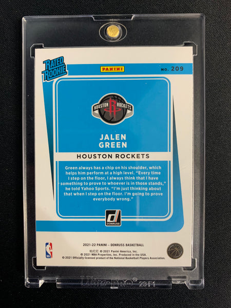 2021-22 PANINI DONRUSS BASKETBALL #209 HOUSTON ROCKETS - JALEN GREEN YELLOW & GREEN LASER HOLO ROOKIE CARD
