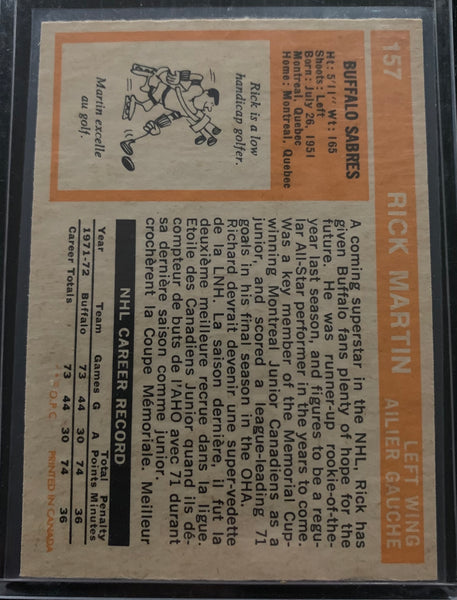 1972-73 O-PEE-CHEE HOCKEY #157 BUFFALO SABRES - RICK MARTIN CARD RAW