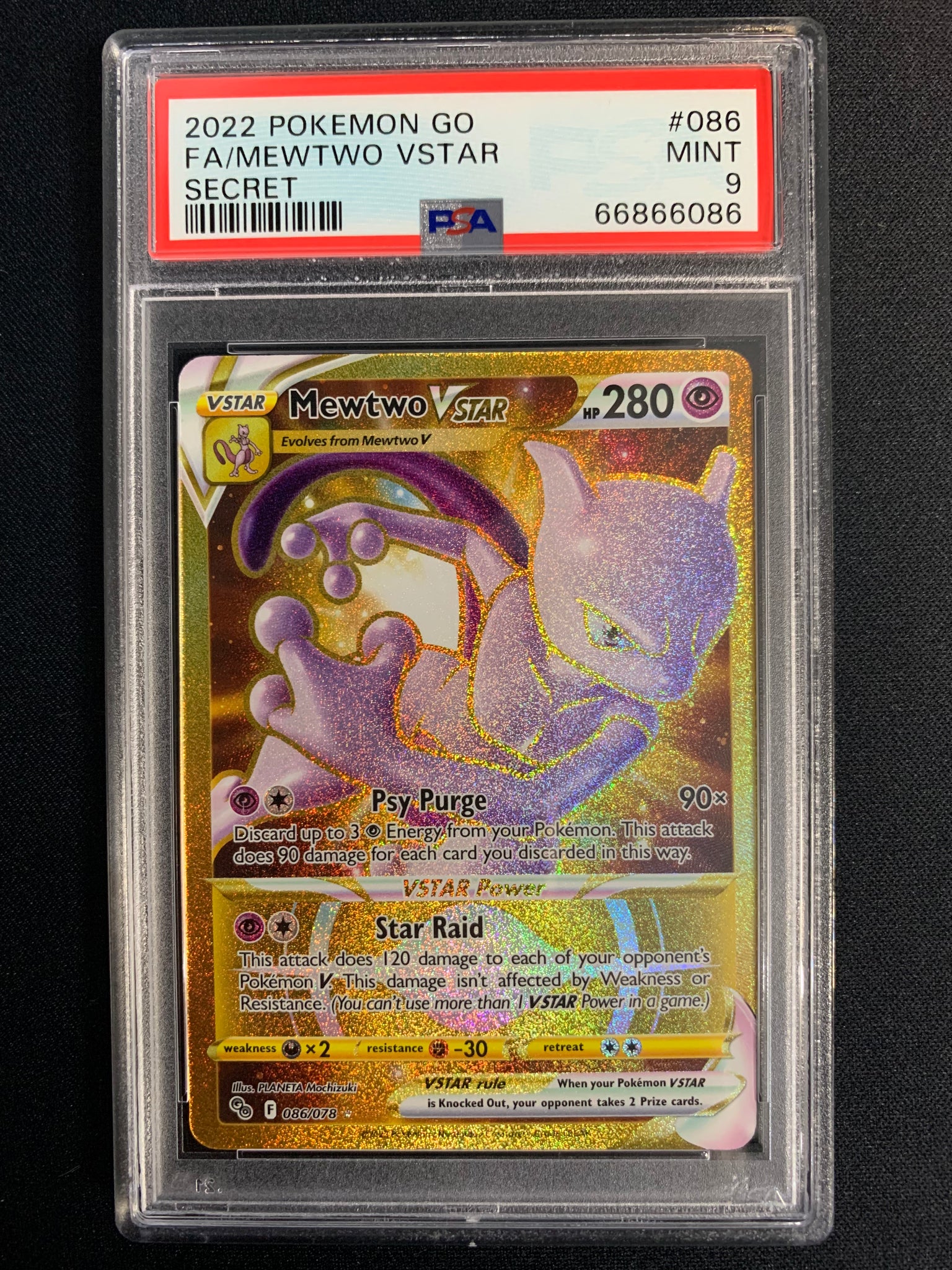 POKEMON GO MEWTWO VSTAR FULL ART GOLD SECRET RARE 086/078 GRADED PSA 9 MINT