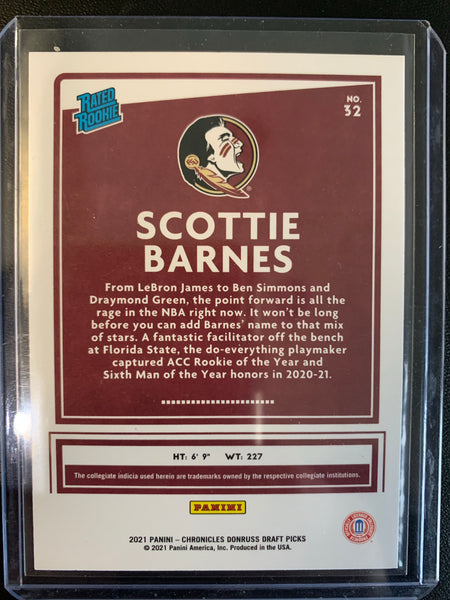 2021 PANINI CHRONICLES DRAFT PICKS BASKETBALL #32 TORONTO RAPTORS - SCOTTIE BARNES CHRONICLES DONRUSS ROOKIE CARD