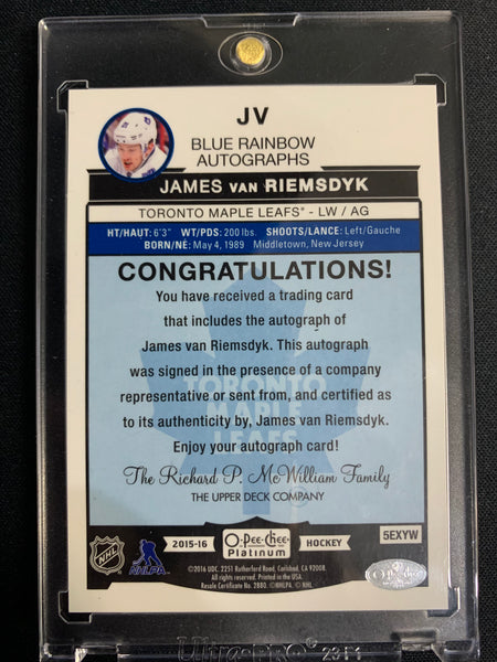 2015-16 UD O-PEE-CHEE PLATINUM HOCKEY #JV TORONTO MAPLE LEAFS - JAMES VAN RIEMSDYK BLUE AUTOGRAPHS