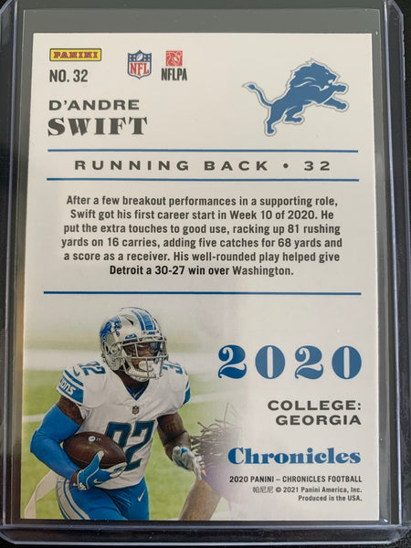 2020 PANINI CHRONICLES FOOTBALL #32 DETROIT LIONS - D'ANDRE SWIFT ROOKIE CARD