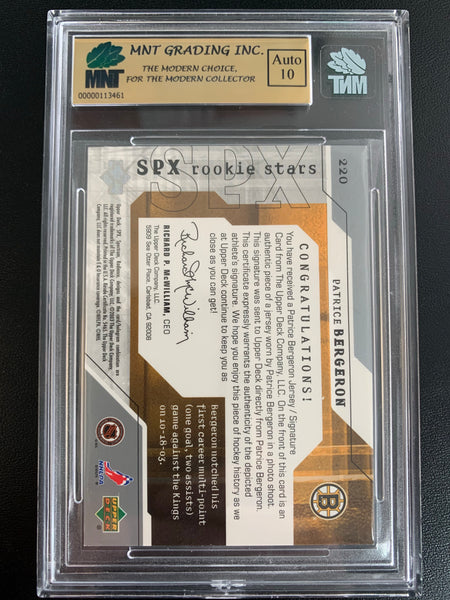 2003-04 UPPER DECK HOCKEY #220 BOSTON BRUINS - PATRICE BERGERON SPX AUTOGRAPHED JERSEY ROOKIE CARD GRADED MNT 9.0 MINT