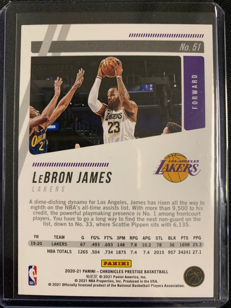 2020-2021 PANINI CHRONICLES NBA BASKETBALL #51 LOS ANGELES LAKERS - LEBRON JAMES PANINI PRESTIGE PURPLE PARALLEL NUMBERED 015/149