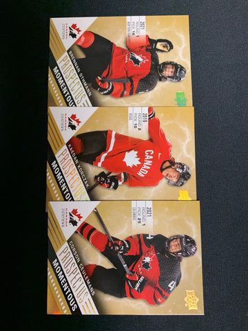 2021 UPPER DECK TEAM CANADA JUNIORS HOCKEY GOLD PROSPECTUS LOT  - BRENNAN OTHMANN #PM-16, KAEDAN KORCZAK #PM-23, CORSON CEULEMANS #PM-24