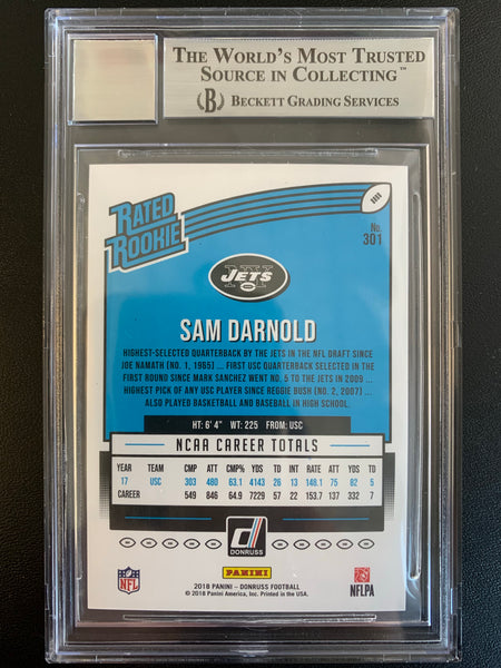 2018 PANINI DONRUSS NFL FOOTBALL #301 NEW YORK JETS - SAM DARNOLD RATED ROOKIE AUTHENTIC AUTOGRAPHS ROOKIE CARD BECKETT AUTHENTIC 10