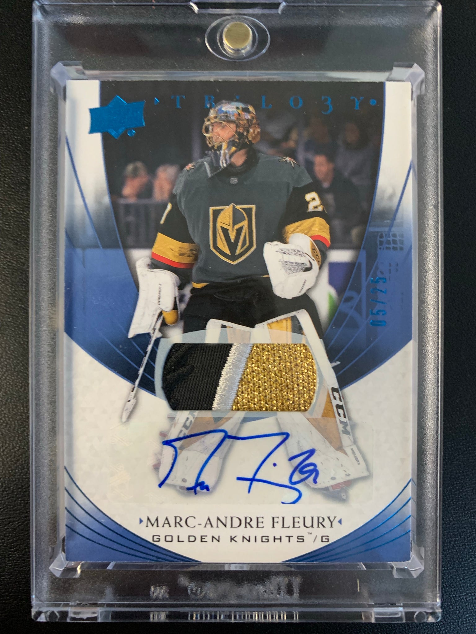 2020-21 UPPER DECK TRILOGY HOCKEY #46 VEGAS GOLDEN KNIGHTS - MARC ANDRE FLEURY AUTOGRAPHED PATCH SERIAL NUMBERED 05/25