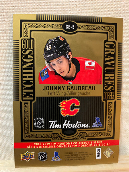 2018-19 TIM HORTONS HOCKEY #GE-5 CALGARY FLAMES - GOLD ETCHINGS JOHNNY GAUDREAU CARD RAW