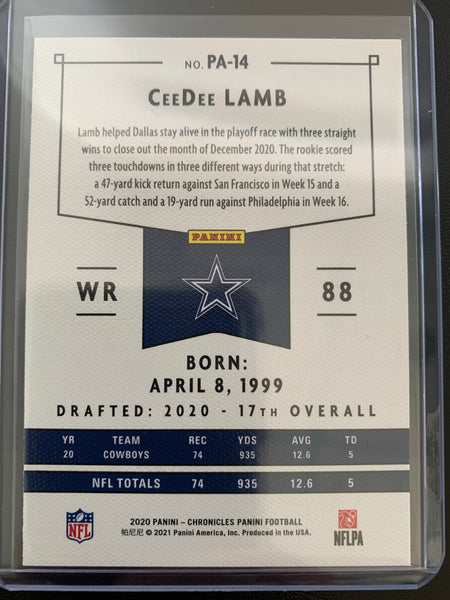 2020 PANINI CHRONICLES PANINI FOOTBALL #PA-14 DALLAS COWBOYS - CEE DEE LAMB ROOKIE CARD