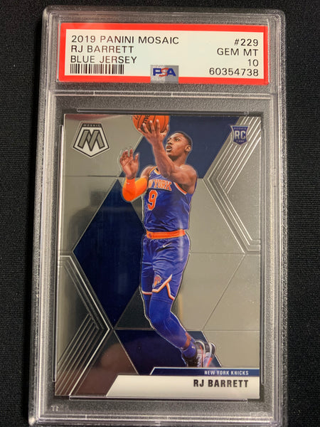 2019 PANINI MOSAIC NBA BASKETBALL #229 NEW YORK KNICKS - RJ BARRETT BLUE JERSEY VARIANT MOSAIC ROOKIE CARD GRADED PSA 10 GEM MINT