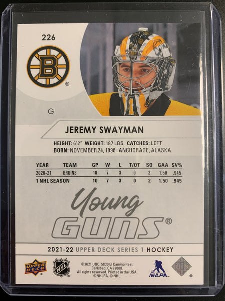 2021-22 UPPER DECK S1 HOCKEY #226 BOSTON BRUINS - JEREMY SWAYMAN YOUNG GUNS ROOKIE CARD