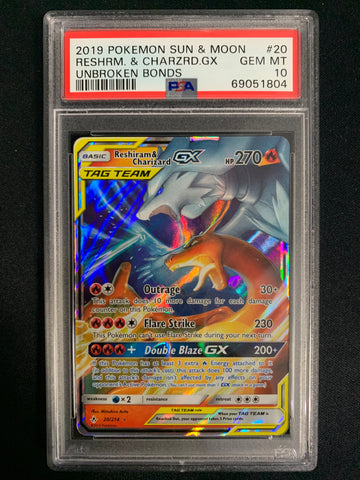 2019 POKEMON SUN & MOON UNBROKEN BONDS RESHIRAM & CHARIZARD GX TAG TEAM #20 - GRADED PSA 10 GEM MINT