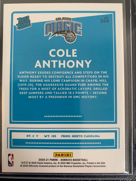 2020-2021 PANINI DONRUSS CHOICE NBA BASKETBALL #208 ORLANDO MAGIC - COLE ANTHONY CHOICE SILVER RATED ROOKIE CARD