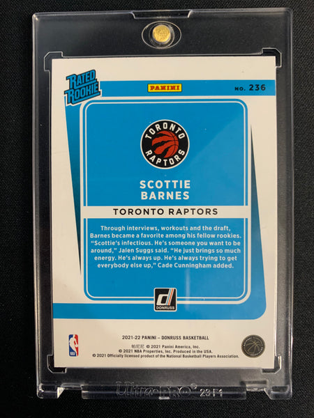 2021-22 PANINI DONRUSS BASKETBALL #236 TORONTO RAPTORS - SCOTTIE BARNES GREEN & YELLOW LASER HOLO ROOKIE CARD