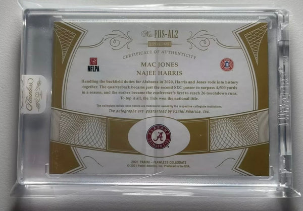 2021 PANINI FLAWLESS COLLEGIATE FOOTBALL #FDS-AL2 ALABAMA CRIMSON TIDE - MAC JONES / NAJEE HARRIS FLAWLESS DUAL ON CARD AUTOS NUMBERED 14/25