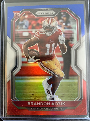 2020 PANINI PRIZM FOOTBALL #301 SAN FRANCISCO 49ERS - BRANDON AIYUK PRIZM RED WHITE AND BLUE ROOKIE CARD