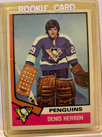 1974-75 O-PEE-CHEE HOCKEY #45 PITTSBURGH PENGUINS - DENNIS HERRON ROOKIE CARD RAW