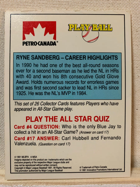 1991-92 BASEBALL #4 OF 15 - RYNE SANDBERG PETRO CANADA ALL-STAR FANFEST 3-D CARD RAW