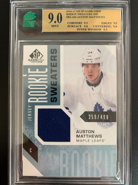2016-17 UPPER DECK SP GAME USED HOCKEY #RS-AM TORONTO MAPLE LEAFS - AUSTON MATTHEWS JERSEY ROOKIE SWEATERS ROOKIE CARD 258/499 GRADED MNT 9.0 MINT