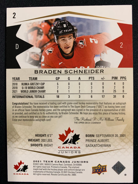 2021 UPPER DECK TEAM CANADA JUNIORS HOCKEY #2 - BRADEN SCHNEIDER PREMIUM AUTO 2 COLOUR PATCH NUMBERED 121/199