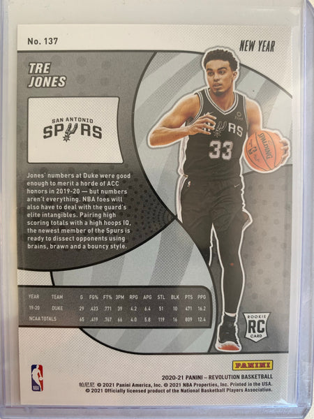 2020-2021 PANINI REVOLUTION NBA BASKETBALL #137 SAN ANTONIO SPURS - TRE JONES CNY CRACKED ICE ROOKIE CARD