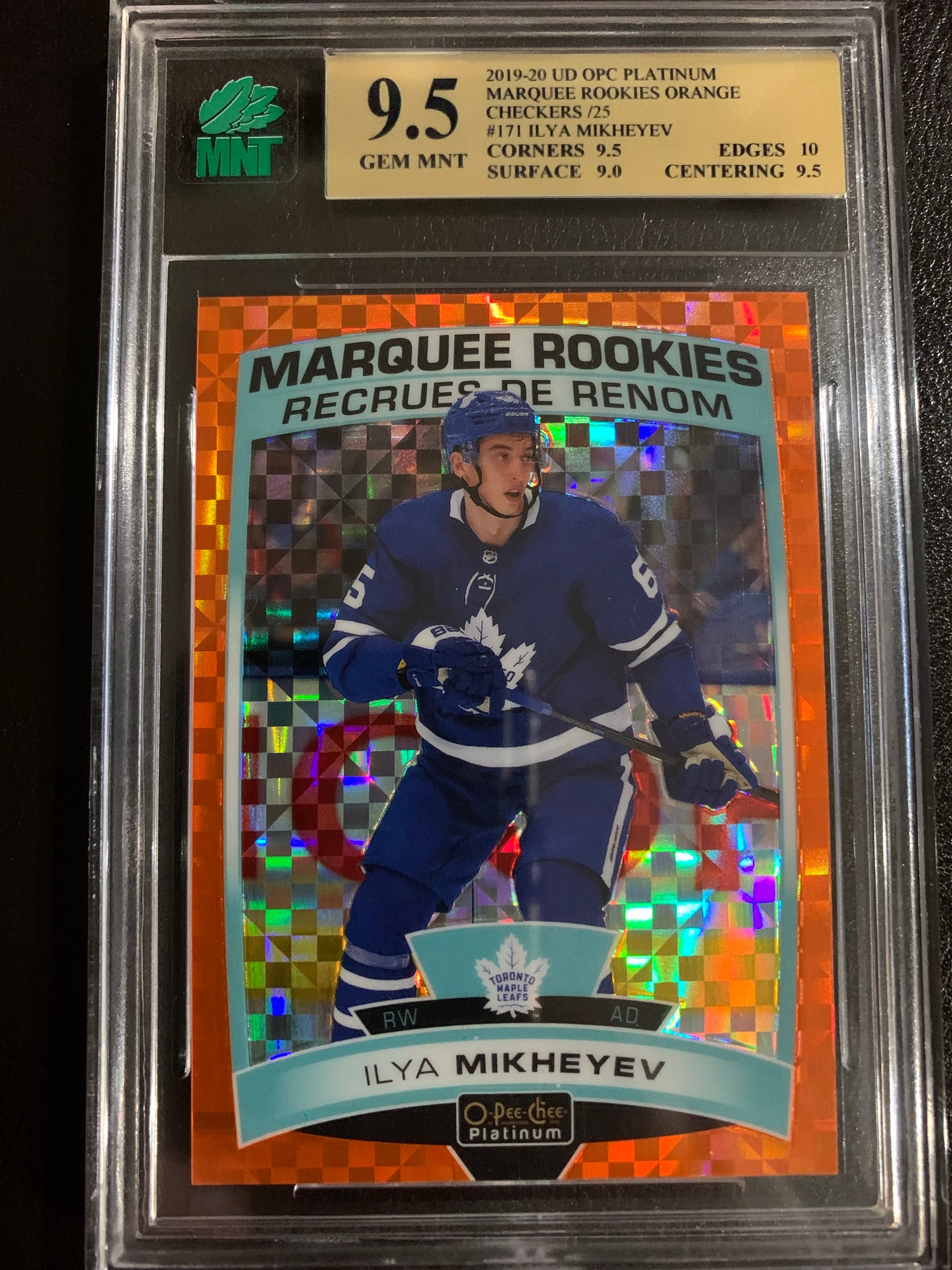 2019-20 UD OPC PLATINUM HOCKEY #171 TORONTO MAPLE LEAFS - ILYA MIKHEYEV MARQUEE ROOKIES ORANGE CHECKERS ROOKIE CARD 08/25 GRADED MNT 9.5 GEM MINT