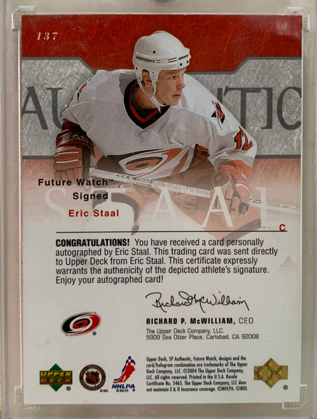 2003-04 SP AUTHENTIC HOCKEY #137 CAROLINA HURRICANES - ERIC STAAL FUTURE WATCH AUTO ROOKIE CARD RAW
