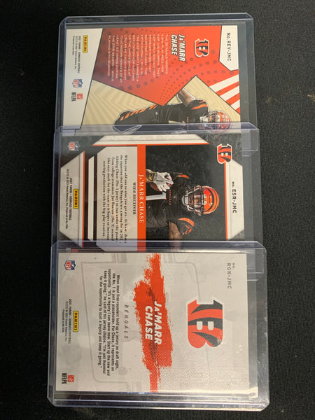 2021 PANINI DONRUSS NFL FOOTBALL -  CINCINNATI BENGALS - JA'MARR CHASE LOT (3) - #REV-JMC REVOLUTION ROOKIE , #ESR-JMC ELITE SERIES ROOKIE & RGK-JMC GRIDIRON KINGS ROOKIE