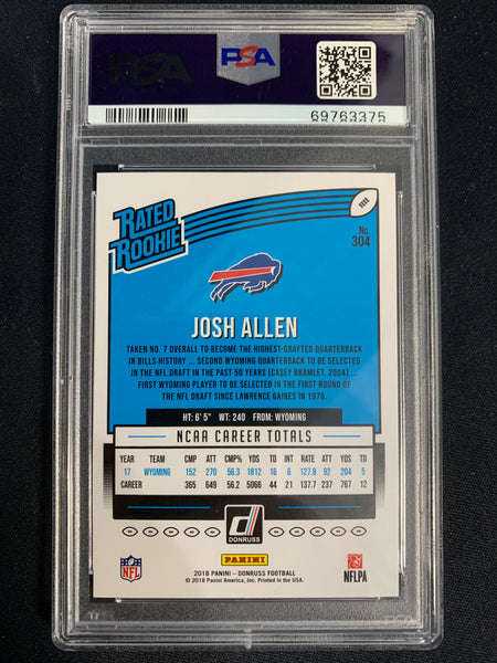2018 PANINI DONRUSS FOOTBALL #304 BUFFALO BILLS - JOSH ALLEN RATED ROOKIE GRADED PSA 10 GEM MINT