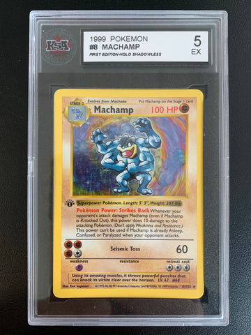 1999 POKEMON FIRST EDITION HOLO MACHAMP SHADOWLESS GRADED KSA 5 EX