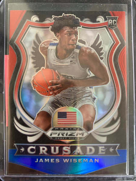 2020 PANINI PRIZM DRAFT PICKS BASKETBALL #82 GOLDEN STATE WARRIORS -JAMES WISEMAN RED WHITE AND BLUE CRUSADE ROOKIE CARD