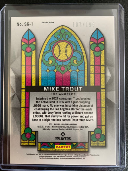 2021 PANINI PRIZM BASEBALL #SG-1 LOS ANGELES ANGELS - MIKE TROUT BLUE PRIZM STAINED GLASS NUMBERED 107/199