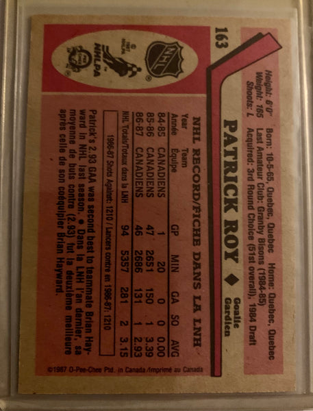 1987-88 O-PEE-CHEE HOCKEY #163 MONTREAL CANADIENS - PATRICK ROY CARD RAW
