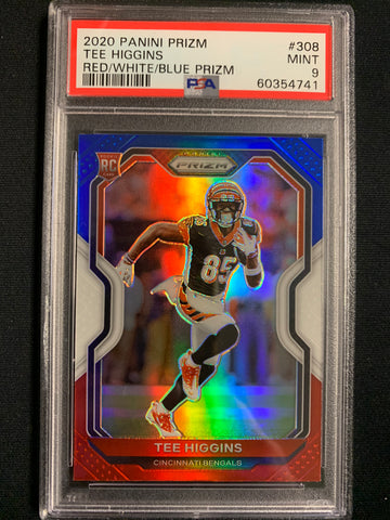 2020 PANINI PRIZM FOOTBALL #308 CINCINNATI BENGALS - TEE HIGGINS RED WHITE & BLUE PRIZM PARALLEL ROOKIE CARD GRADED PSA 9 MINT