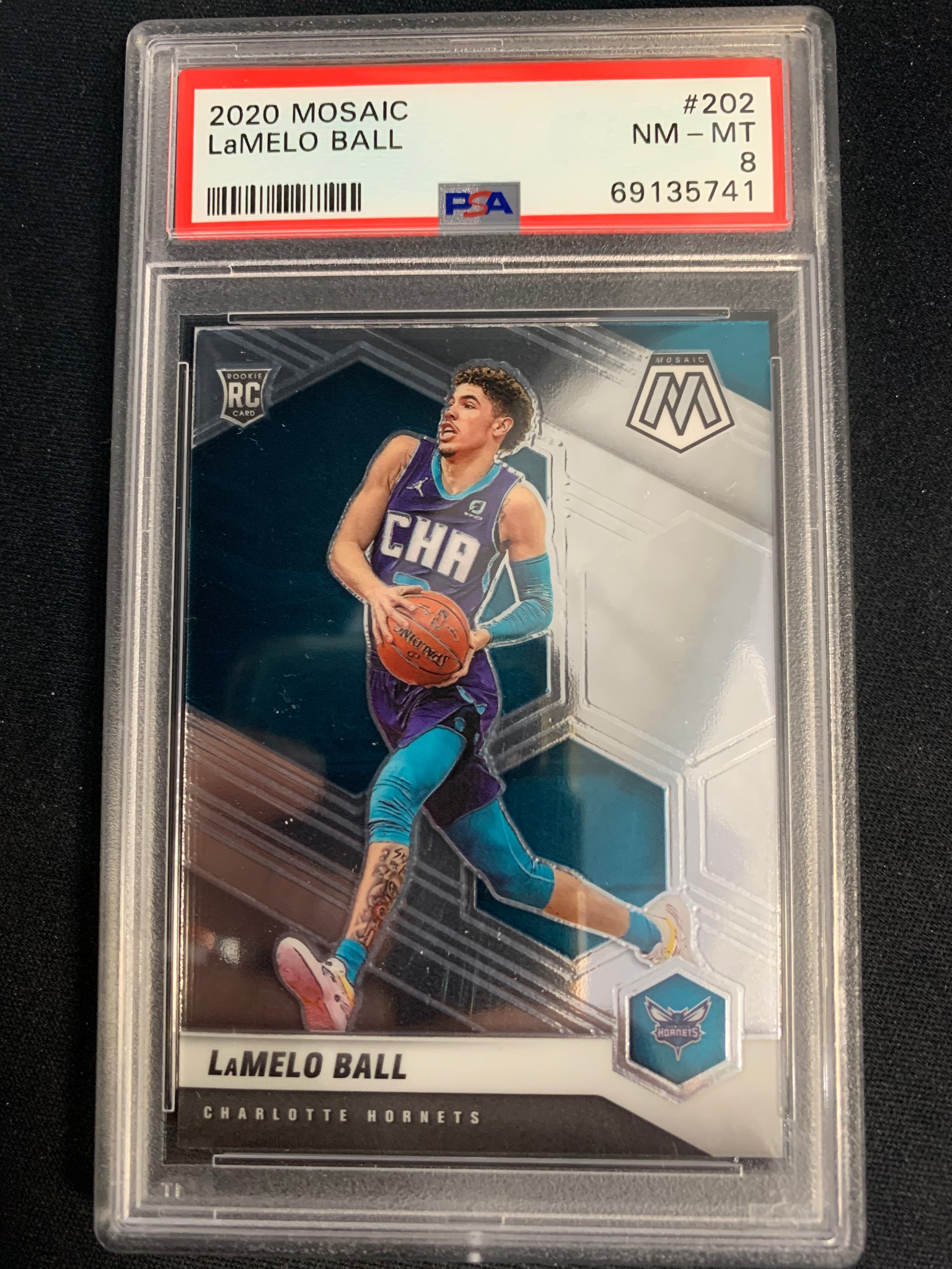 2020 PANINI MOSAIC NBA BASKETBALL #202 CHARLOTTE HORNETS - LAMELO BALL BASE ROOKIE CARD GRADED PSA 8 NM-MT