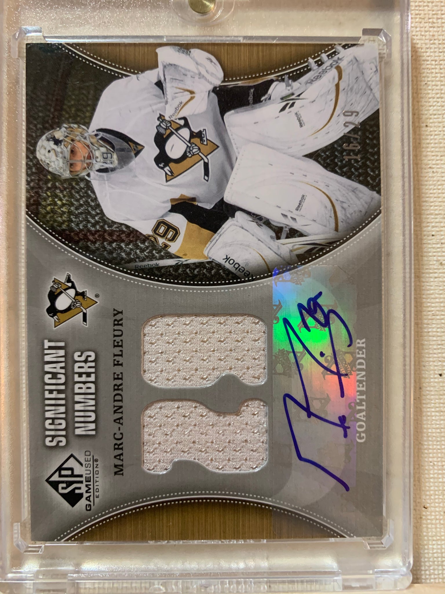 2009-10 SP GAME USED HOCKEY #SN-MF PITTSBURGH PENGUINS - MARC ANDRE FLEURY SIGNIFICANT NUMBERS AUTO JERSEY CARD SERIAL NUMBERED 16/29