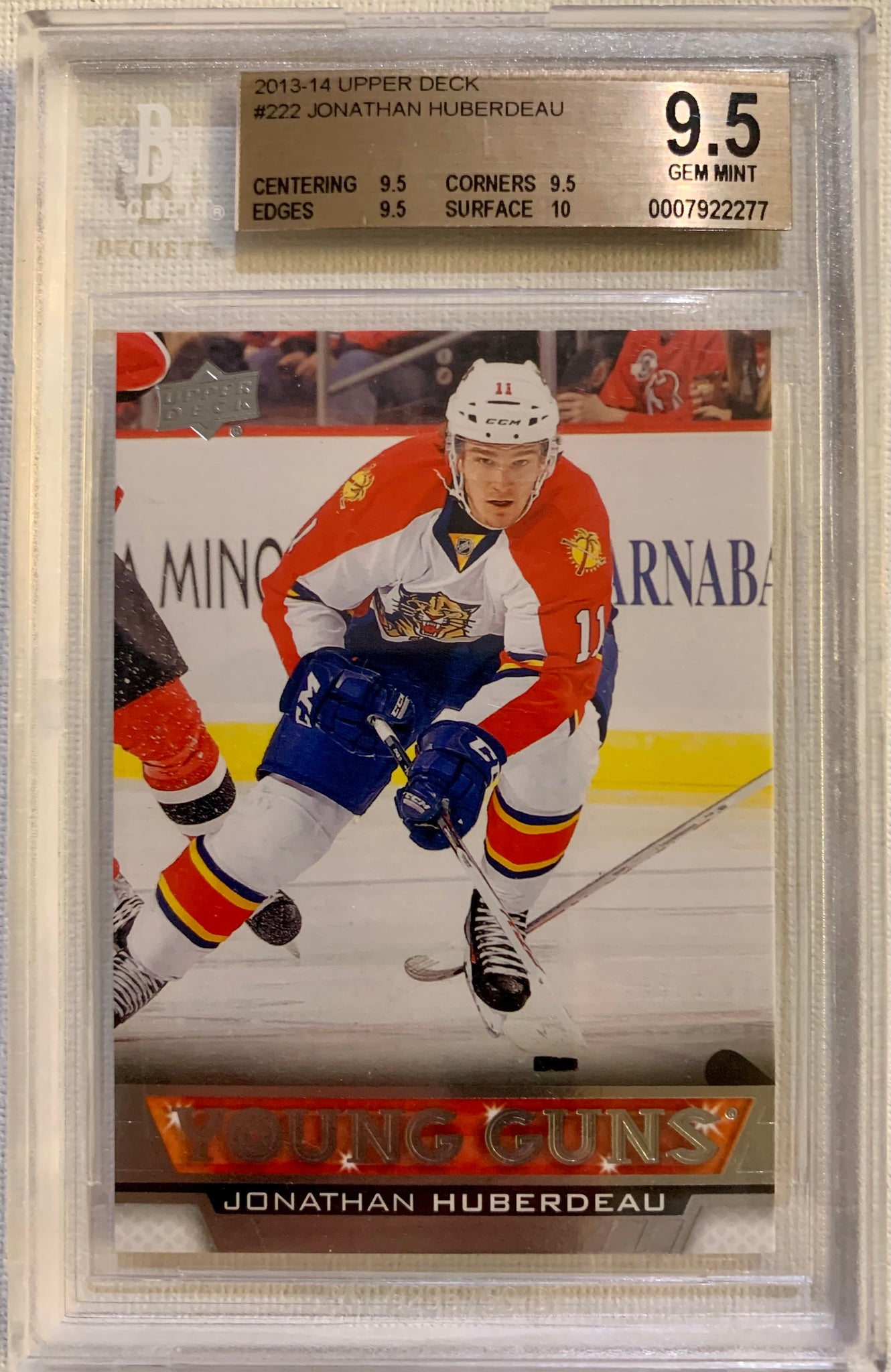 2013-14 UPPER DECK HOCKEY #222 FLORIDA PANTHERS - JONATHAN HUBERDEAU ROOKIE CARD GRADED BGS 9.5 GEM MINT