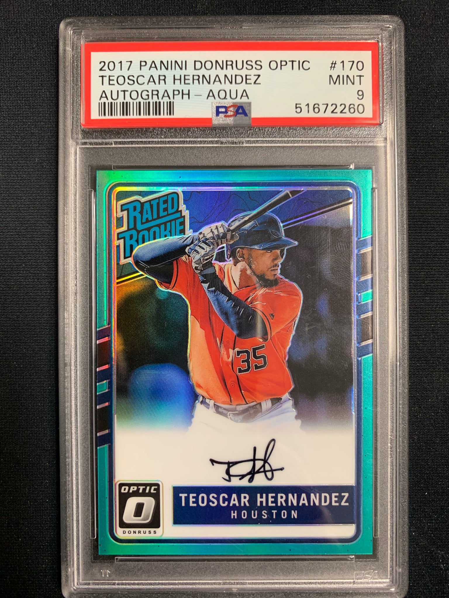 2017 DONRUSS OPTIC BASEBALL #170 TORONTO BLUE JAYS - TEOSCAR HERNANDEZ RATED ROOKIE AUTOGRAPH AQUA PARALLEL NUMBERED 100/125 GRADED PSA 9 MINT