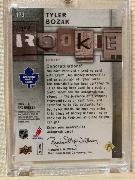 2009-10 SPX HOCKEY #173 TORONTO MAPLE LEAFS - TYLER BOZAK SPX AUTOGRAPHED JERSEY ROOKIE CARD RAW