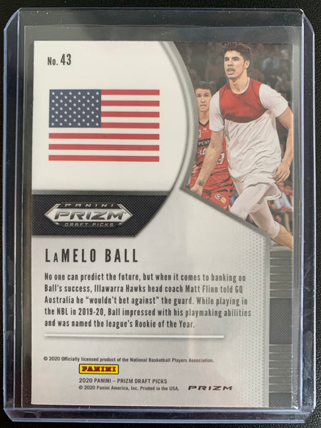 2020 PANINI PRIZM DRAFT PICKS BASKETBALL #43 CHARLOTTE HORNETS - LAMELO BALL RED WHITE AND BLUE PRIZM ROOKIE CARD