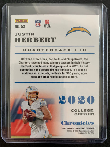 2020 PANINI CHRONICLES FOOTBALL #53 LOS ANGELES CHARGERS - JUSTIN HERBERT ROOKIE CARD