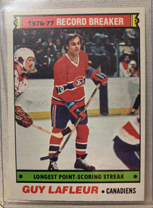 1977-78 O-PEE-CHEE HOCKEY #216 MONTREAL CANADIENS - GUY LAFLEUR RECORD BREAKER CARD RAW