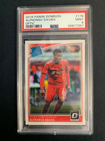 2018-19 PANINI DONRUSS OPTIC SOCCER #176 - BAYERN MUNICH - ALPHONSO DAVIES OPTIC RATED ROOKIE CARD GRADED PSA 9 MINT
