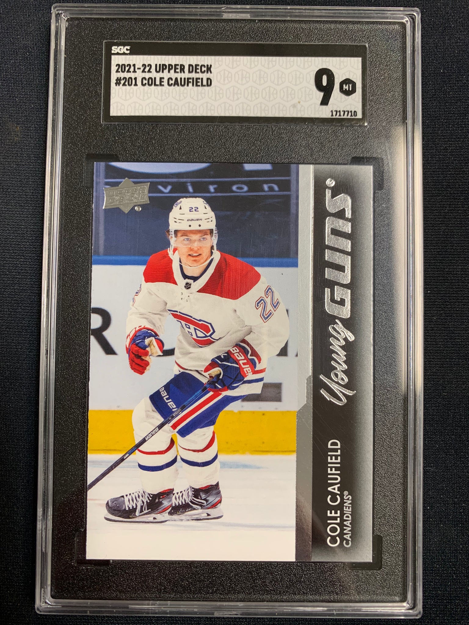 2021-22 UPPER DECK S1 HOCKEY #201 MONTREAL CANADIENS - COLE CAUFIELD YOUNG GUNS ROOKIE CARD GRADED SGC 9 MINT